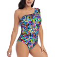 thumbnail image 3 of Sikiie Colorful Tie Dye Stained Glass 2 Print Women One Piece Swimsuits Tummy Control One Shoulder Bathing Suits Ruffle Swimwear, From S to XXL-XX-Large, 3 of 6