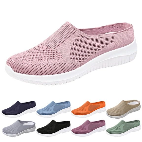 Womens Breathable Knit Walking Shoes Comfortable Summer Mules Sandals Wide Width Casual Backless Slip on Sneakers Beige Size 6