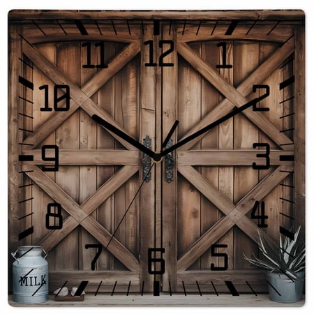 Retro Brown Door Wooden Wall Clock Silent Non Ticking, Country Vintage Wooden Door Square Wall Clocks Battery Operated, Decor Clock for Home Office, Living Room, Kitchen, 12 Inch