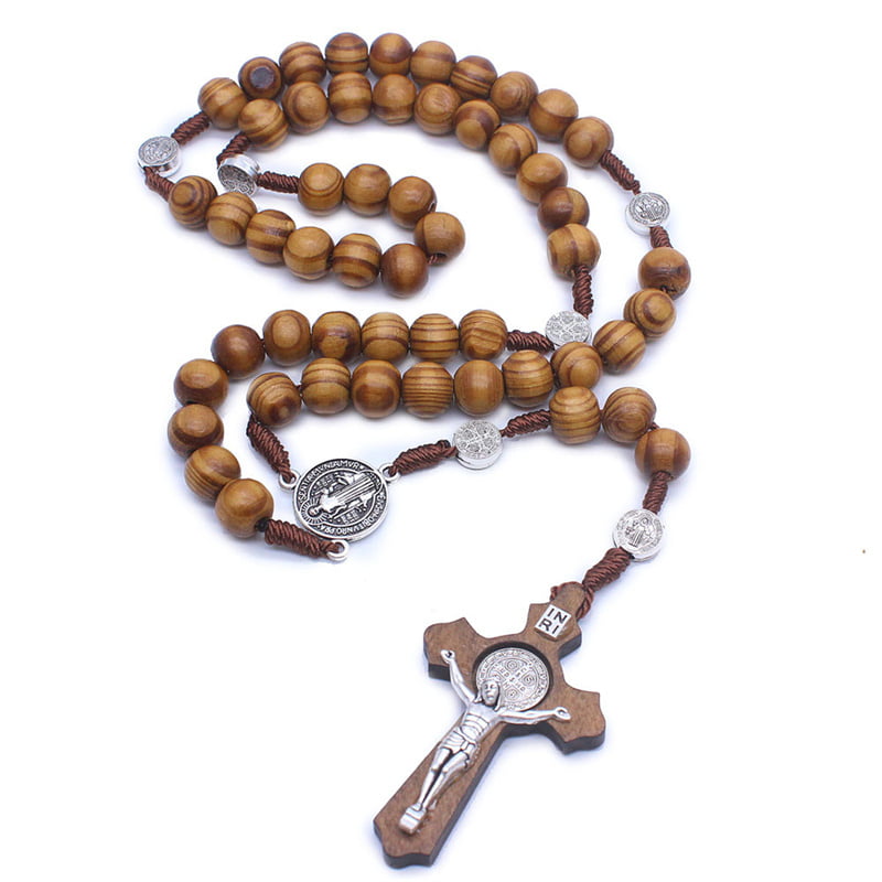 Angel Threads Boutique Saint Benedict and Crucifix Wood Rosary Necklace Female or Male