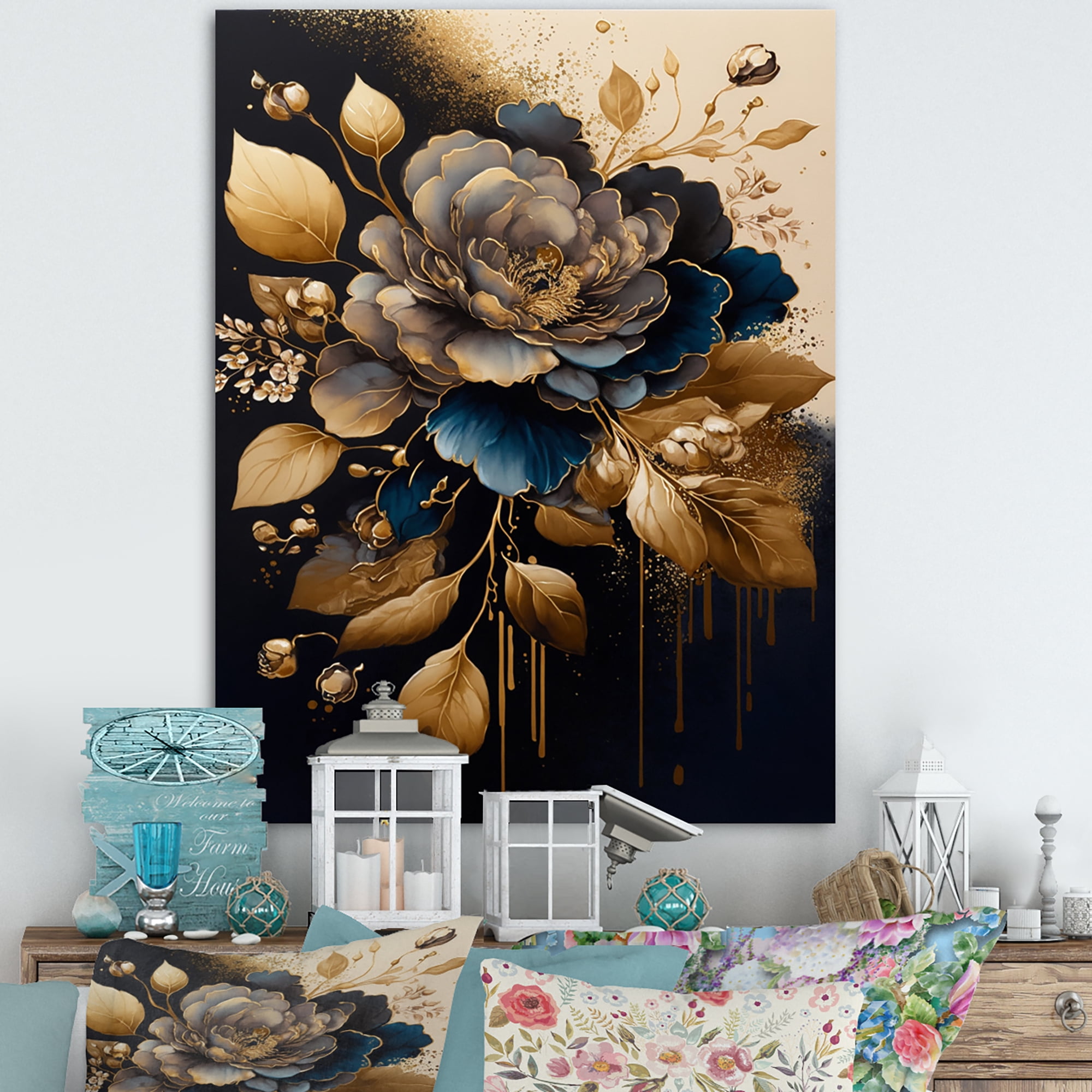 Designart Blue And Gold Camellia II Canvas Wall Art