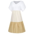 thumbnail image 5 of CHOK Robe Mini Décontractée pour Femme Grande Taille Été Ample Mode Patchwork Col en V à Rayures à Pois Manches Courtes Volant Ourlet à Étages en Lin Robe de Plage Soleil en Liquidation, 5 of 5