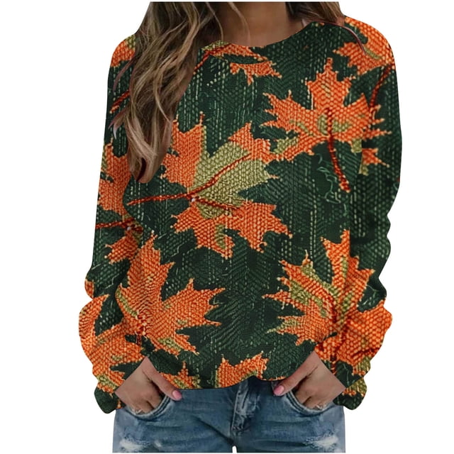 Rbaofujie Vintage Pull pour Femmes Mode Décontractée Imprimé Col Rond Ample Manches Longues Chandails en Molleton Blouse Orange Esthétique Chandails à Capuchon