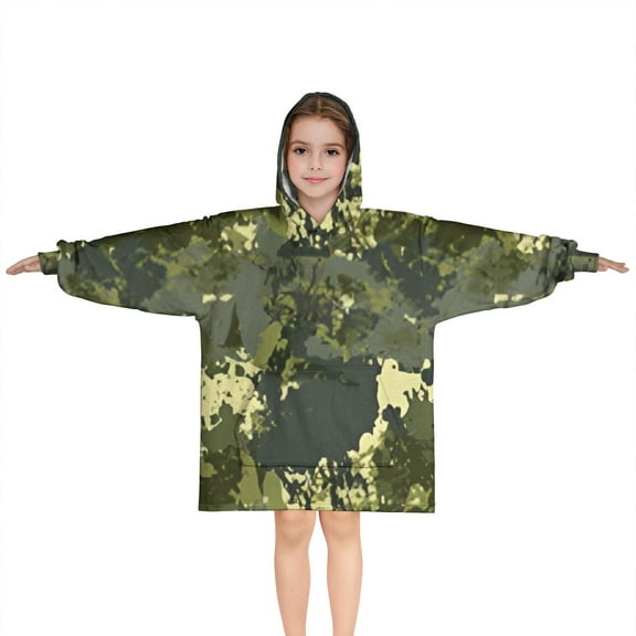 Green Brown Camo Forest Pattern Blanket Hoodies for Kids 6-13YR Oversize Wearable Blanket Hoodies for Boys Girls Teens