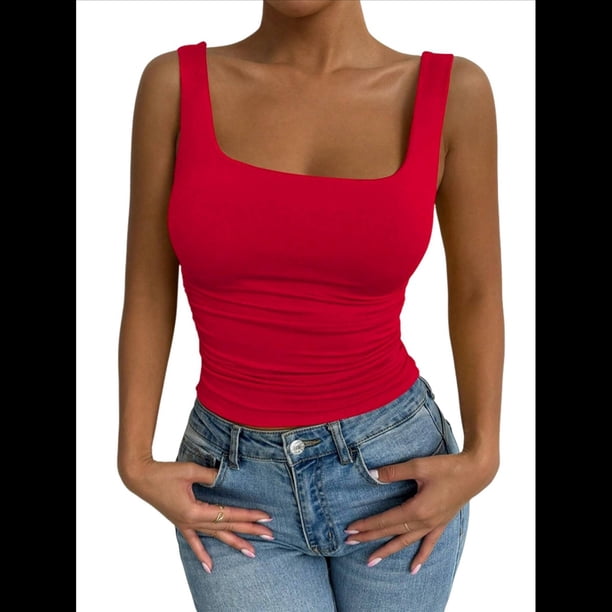 Camiseta Básica de Verano Sin Mangas con Cuello Cuadrado y Fruncido para Mujer. Rojo L