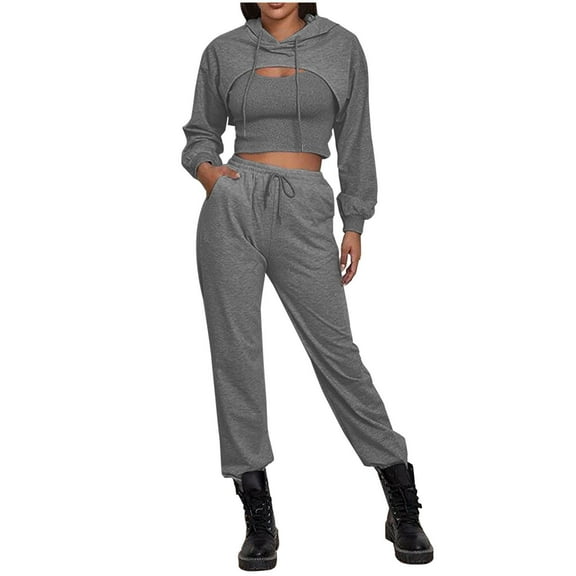 Elainilye Fashion Jogging Suits for Women Solid Color Hoodie Loose Vest Sweatpants Three Piece Suit Jogging Sports Set,Gray