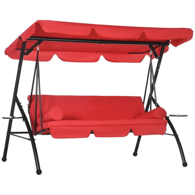 Chaise Balançoire de Patio Extérieure à 3 Places, Lit de Jour Convertible 2-en-1 avec Auvent Réglable, Cadre en Acier et Coussins Rouges, Grand Berceuse à Glissière de 82,7 Pouces L pour Véranda, Jardin, au Bord de la Piscine et Cour Arrière
