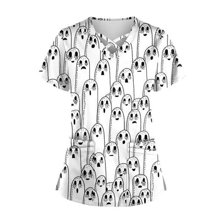 

Sksloeg Scrub Tops Halloween Day Top Comfortable Easy Lightweight Durable Soft Halloween Cat Pumpkin Print V-Neck Halloween Scrub Top With Pockets White 3XL