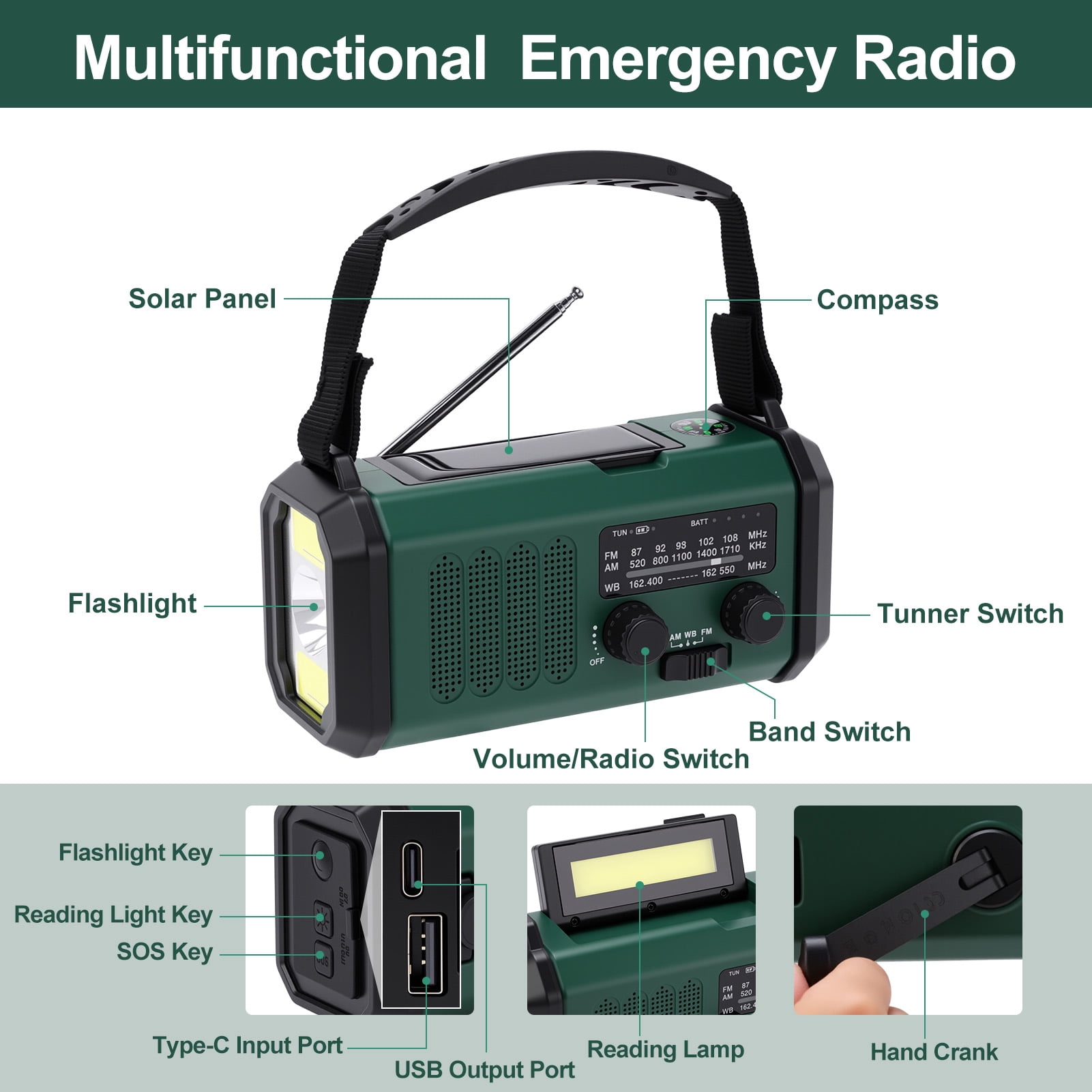 20000mAh Portable Hand Crank Solar Emergency Weather Radio with NOAA/AM/FM/ Type-C USB Phone Charging Radios/LED Reading Light/SOS/Compass for Outdoor Camping/Hiking/Travelling