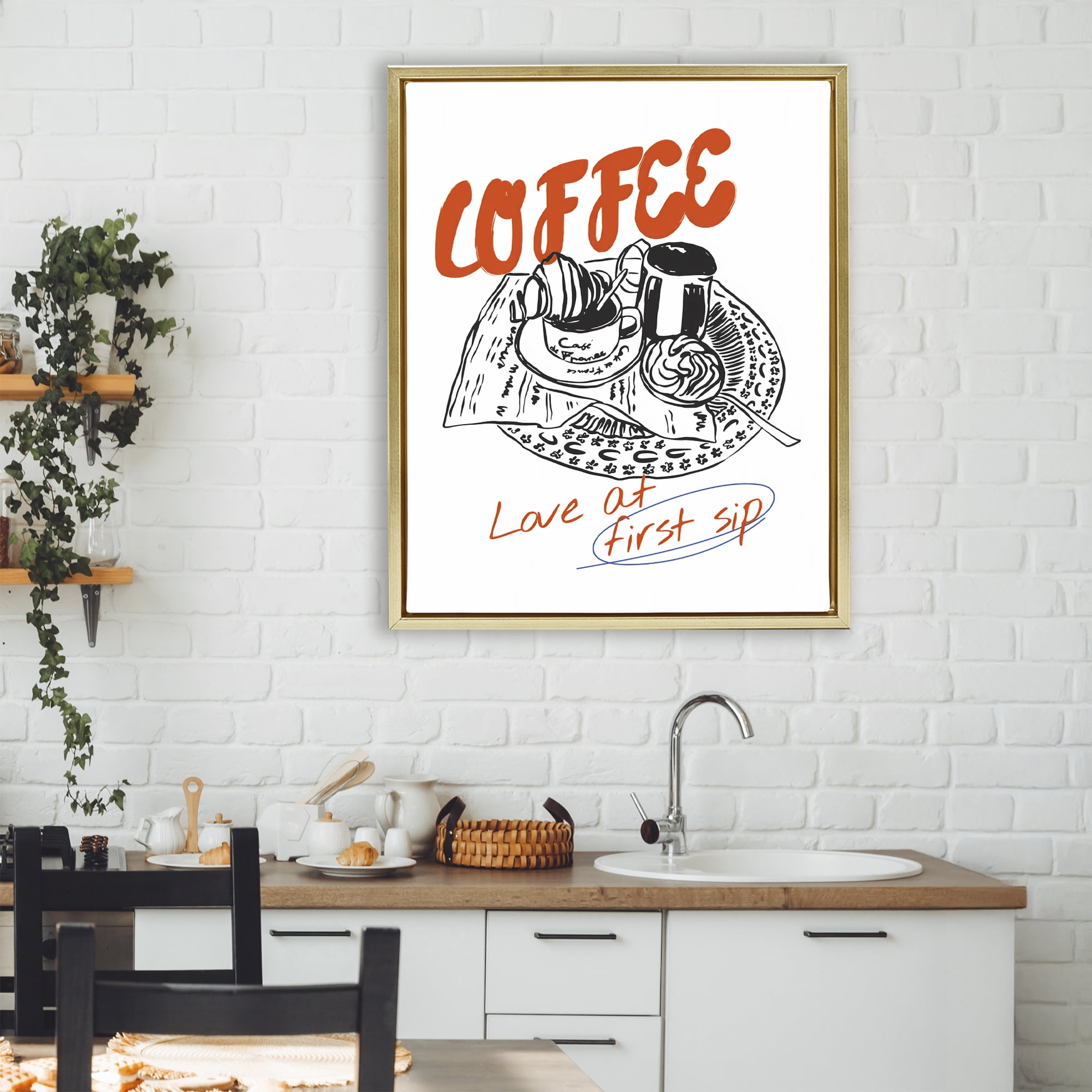 Stupell Industries Coffee Love At First Sip Gold Framed Floater Canvas Wall Art, design by The Prints Vibe