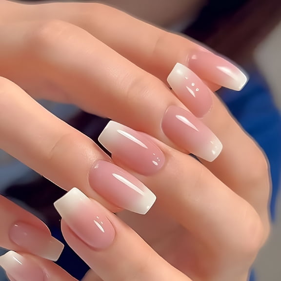 RAGUPEL Ombre French Tip Press on Nails Medium Ballerina Fake Nails Pink White Gradient Designs Full Cover Stick on Nails Acrylic Coffin Artificial Nails for Women 24Pcs