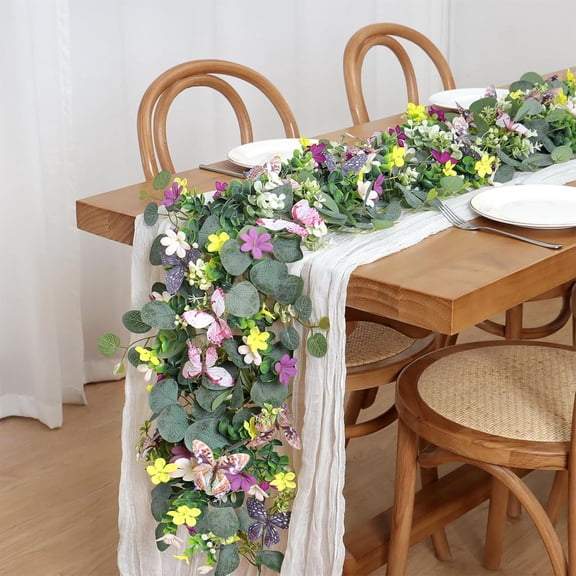 5.6FT Artificial Eucalyptus Vine Garland with 3D Butterflies, 67 Inch Faux Greenery Garland with Butterfly Accents, Silk Floral Vine for Spring Wedding Arch, Easter Party Home Decor
