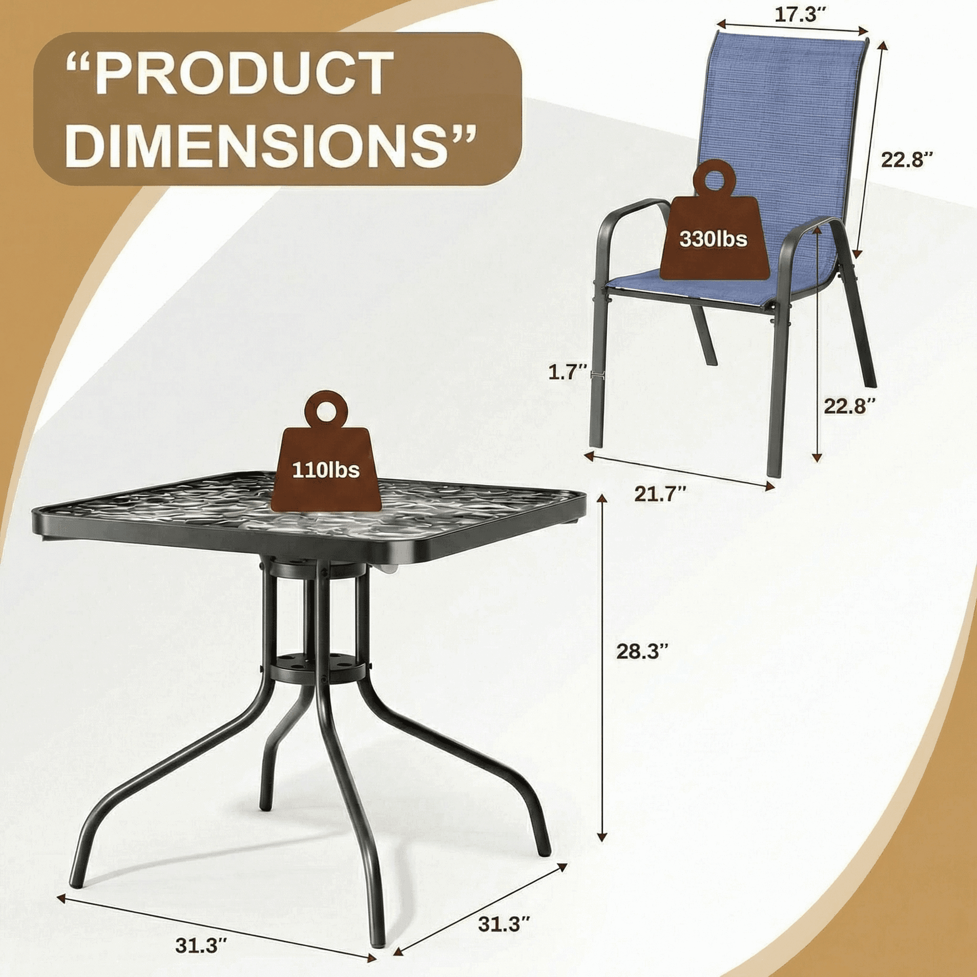 Pirecart Outdoor Table Furniture Set Patio Dining Table Set with 4 Stackable Textilene Chairs, Dark Blue