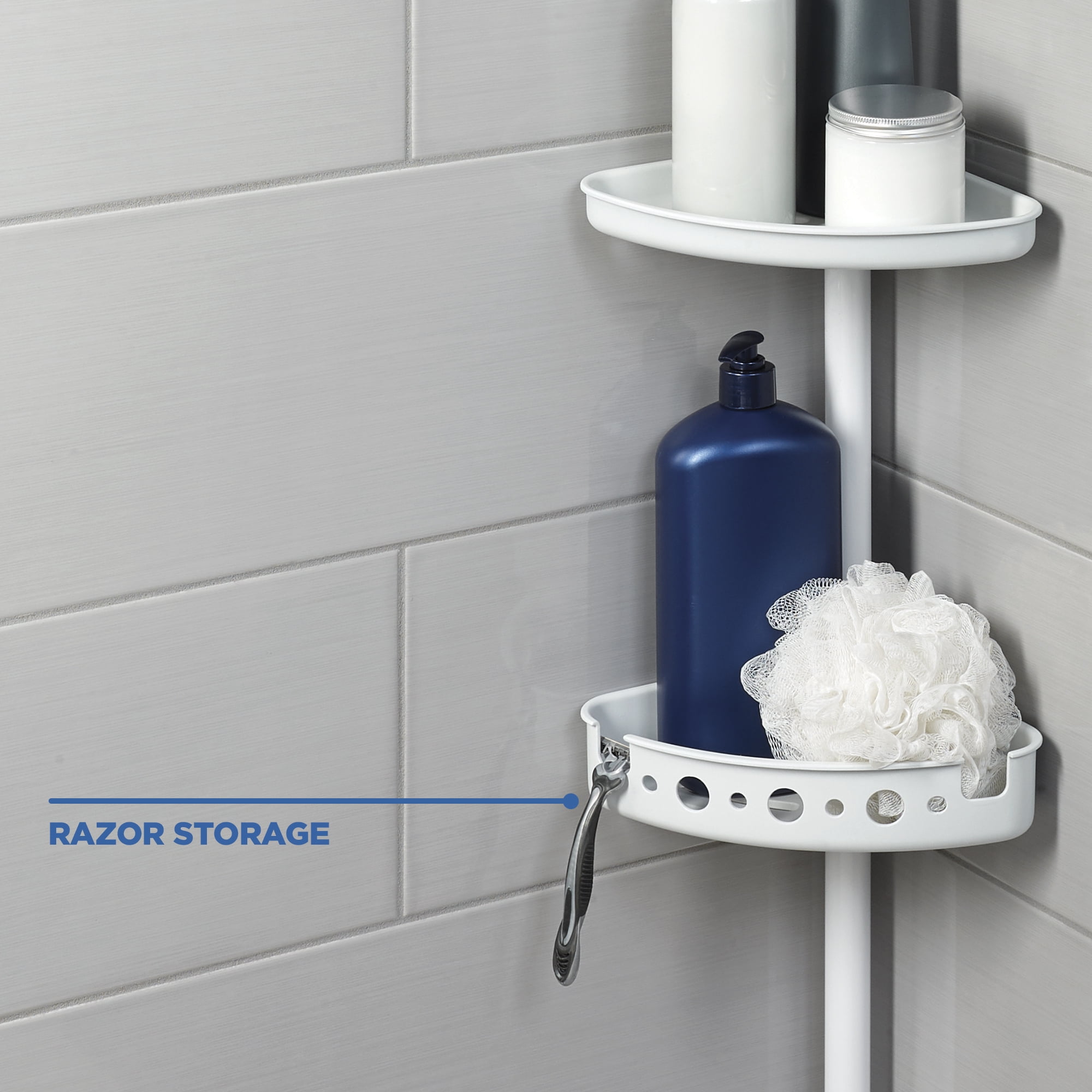 White Tension Pole Shower Caddy with 4 Shelves, 60 to 97, Mainstays 