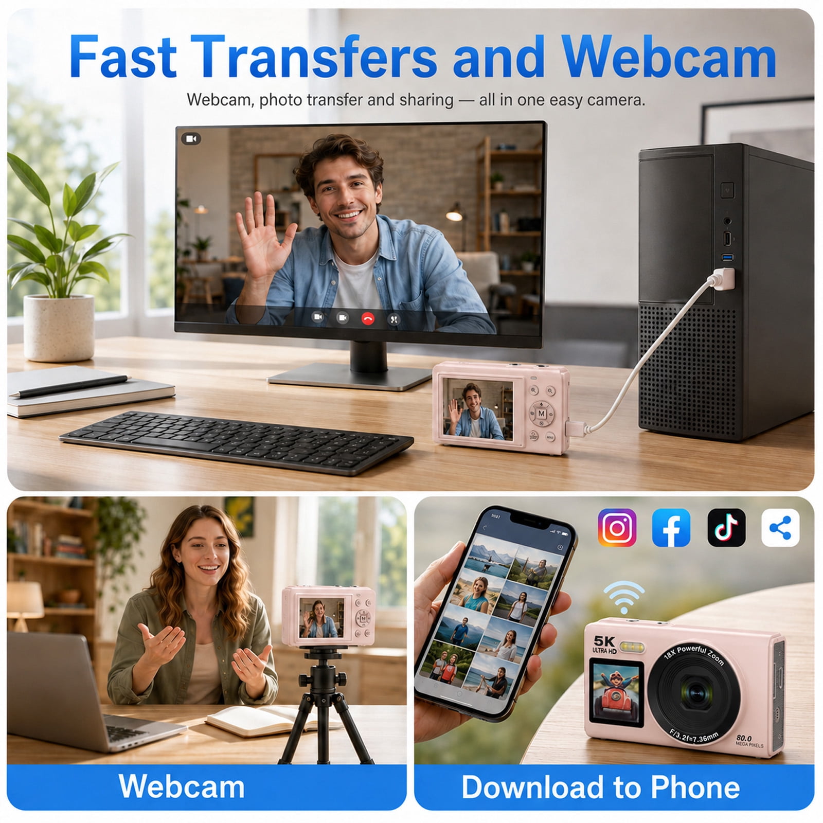 5K 80MP Digital Camera, Dual Screen WiFi Point-and-Shoot Camera with 18X Zoom, Flash and 64GB Card for Vlogging, Teens and Adults, Pink