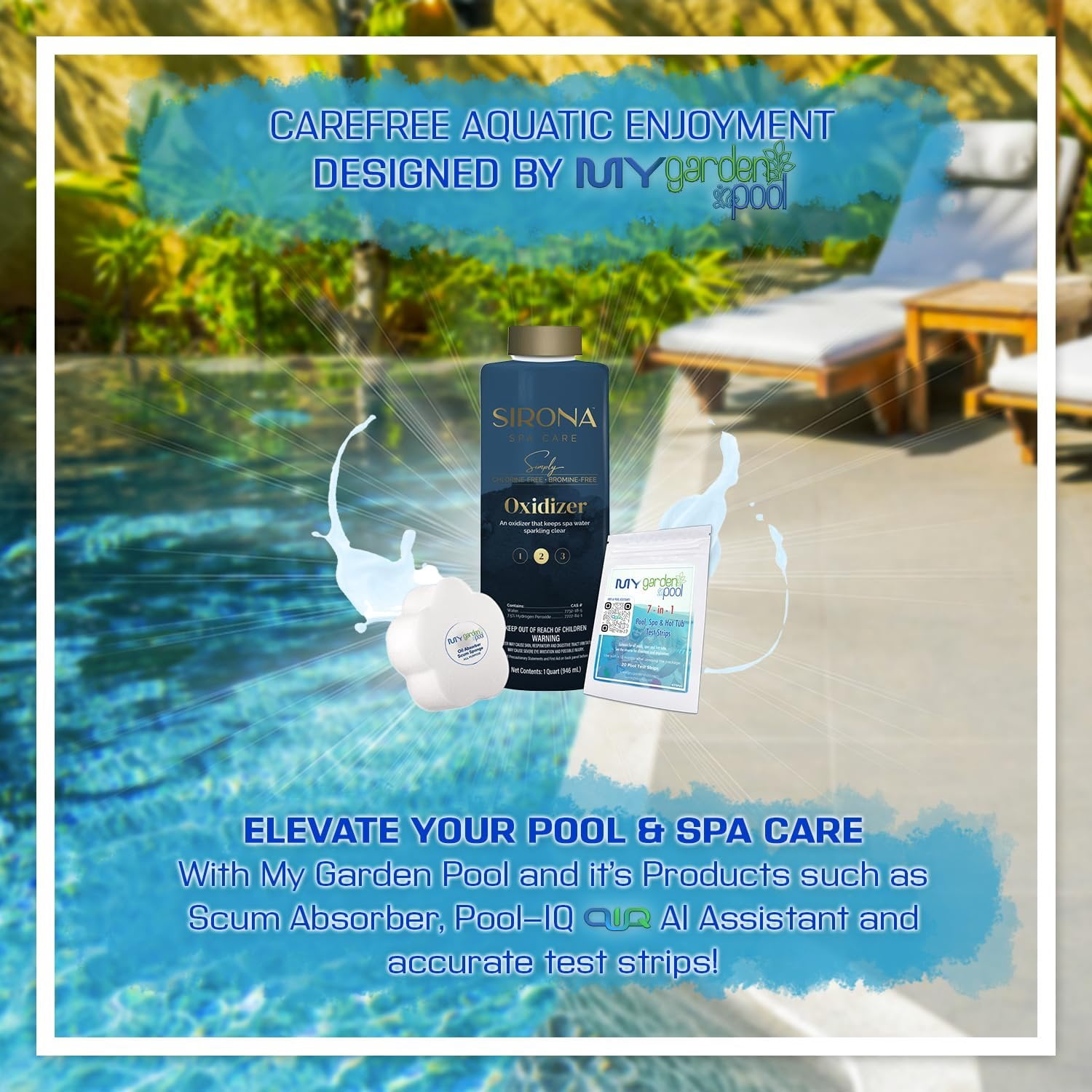 Sirona Spa Care Simply Oxidizer 82137 32 oz with My Garden Pool 20 Ct. Test Strips & Scum Sponge Flower Oil-Absorbing Sponge for Hot Tubs and Pools