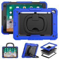 For iPad 6th/5th Generation Case 9.7 inch 2018/2017, 360 Rotating Shockproof Cover with Stand, Handle, Shoulder Strap, Blue