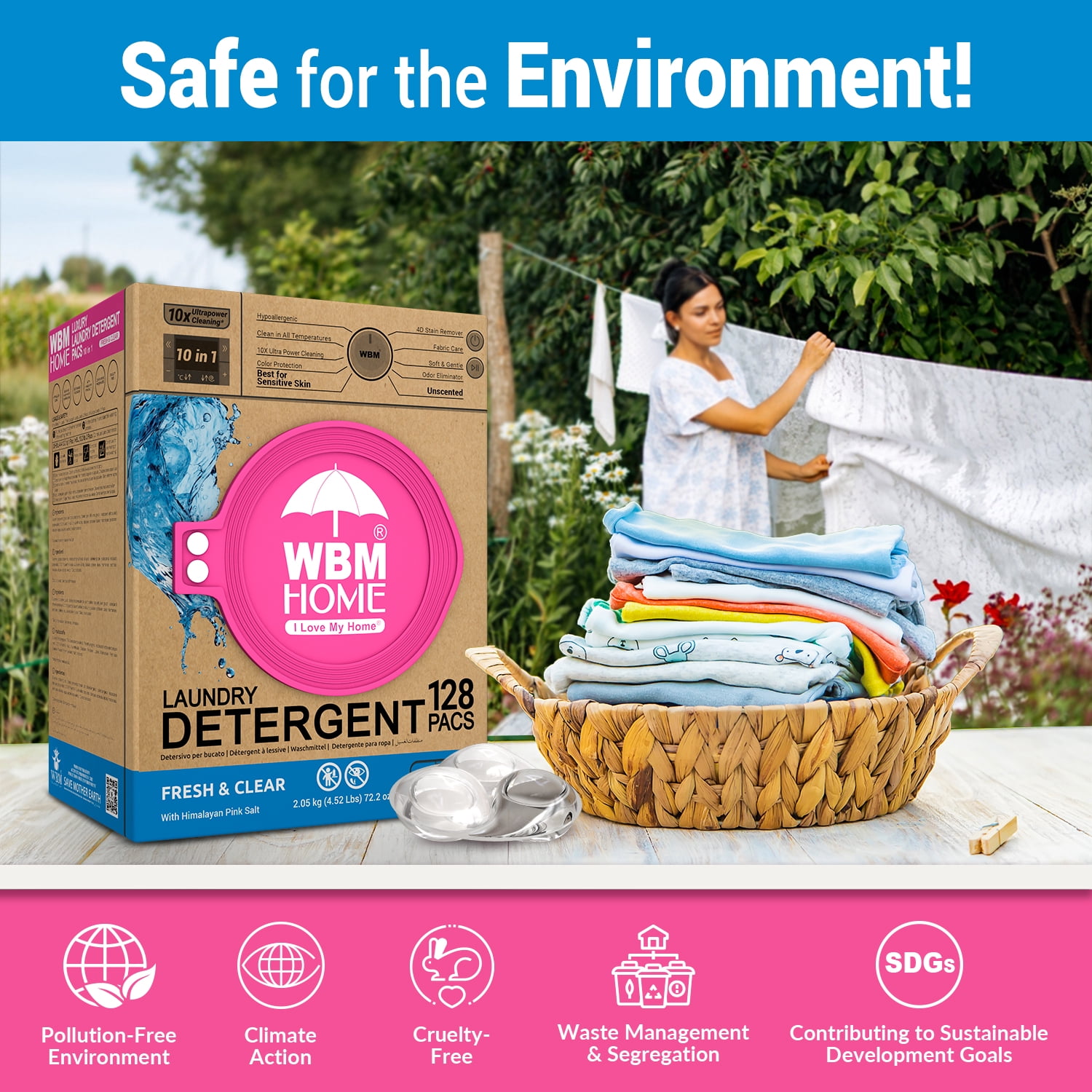 WBM Home Laundry Detergent Pods Fresh & Clear Unscented, 128 Count, 10x Cleaning Power, Color Protection