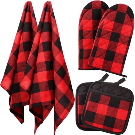 HEETLY Buffalo Plaid Red & Black 6-Piece Complete Cooking Set Heavy Duty 500°F Oven Mitts and Pot Holders Sets with Kitchen Towels
