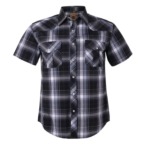 Coevals Club Men's Western Shirt Cowboy Plaid Country Pearl Snap Button Short Sleeve Two Pockets Work Shirts 09 Black White Gray X-Large