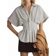 thumbnail image 3 of Womens Striped Peplum Button Down Shirts Short Sleeve Pleated Tops Summer Business Casual Blouses Coffee Stripes M, 3 of 8