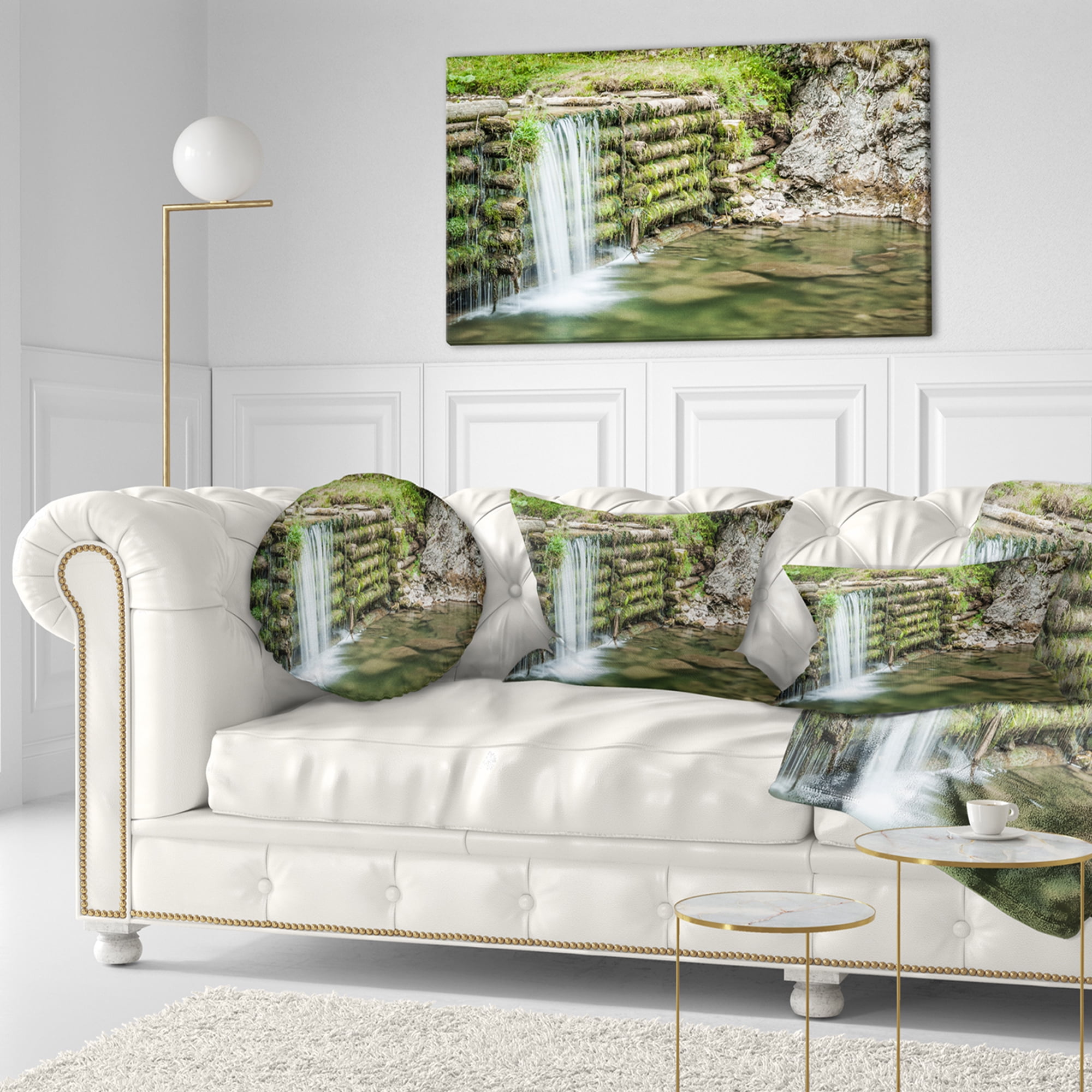 Designart Fabulous Man made Waterfall - Landscape Printed Throw Pillow - 12x20