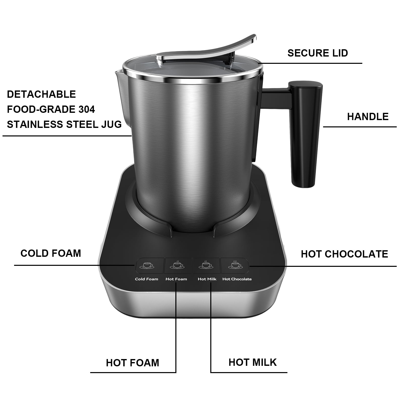 Milk Frother Electric, 500ML Hot & Cold Foam Maker with Dishwasher Safe  Detachable 304 Stainless Steel Pitcher Milk Warmer Coffee Frother with 4 in  1 for Coffee Latte, Cappuccino Hot Chocolate – DreamCozy