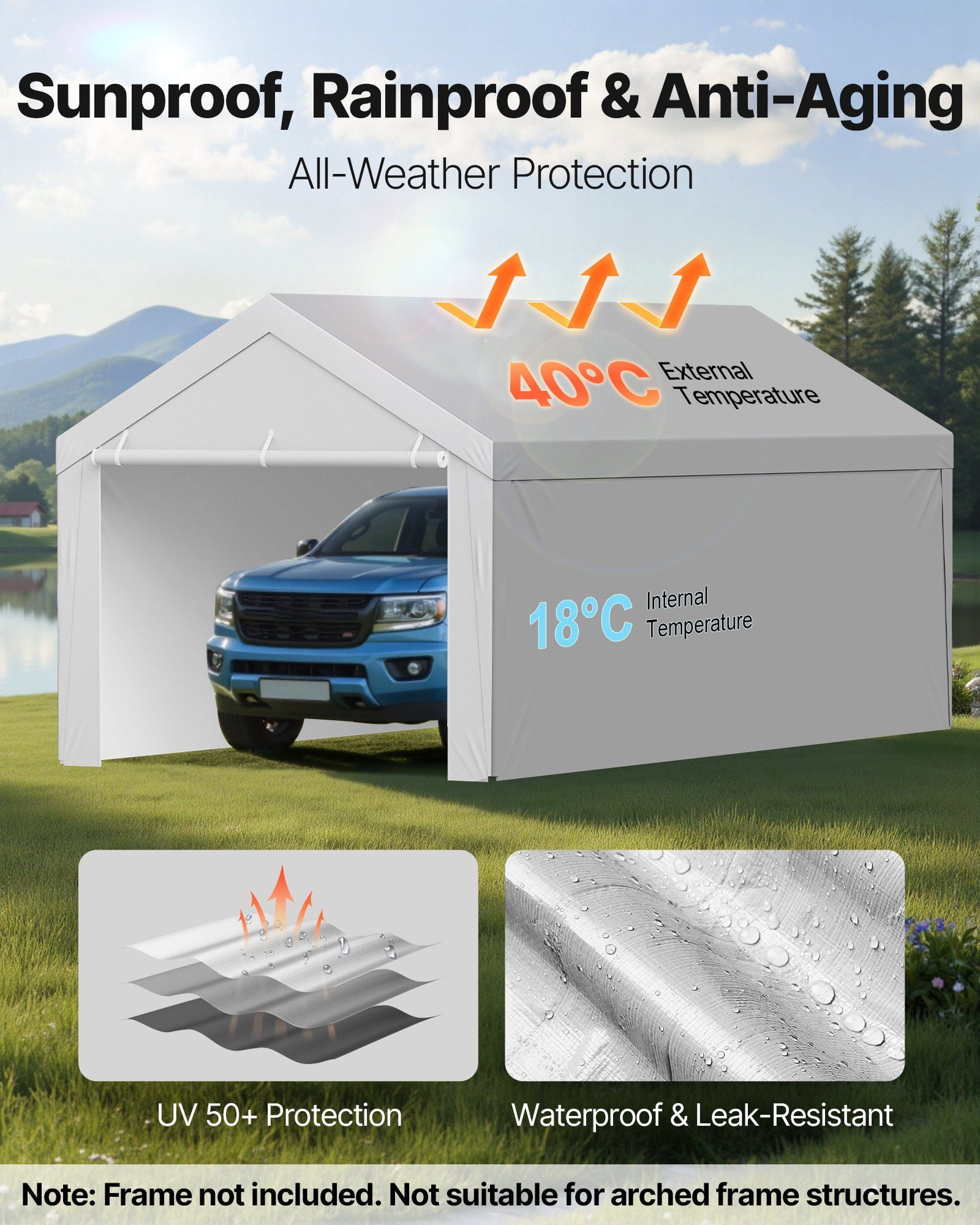 13x20ft Heavy Duty Portable Carport Canopy Replacement Tent UV Waterproof Gray Frameless with Sidewalls Ball Support