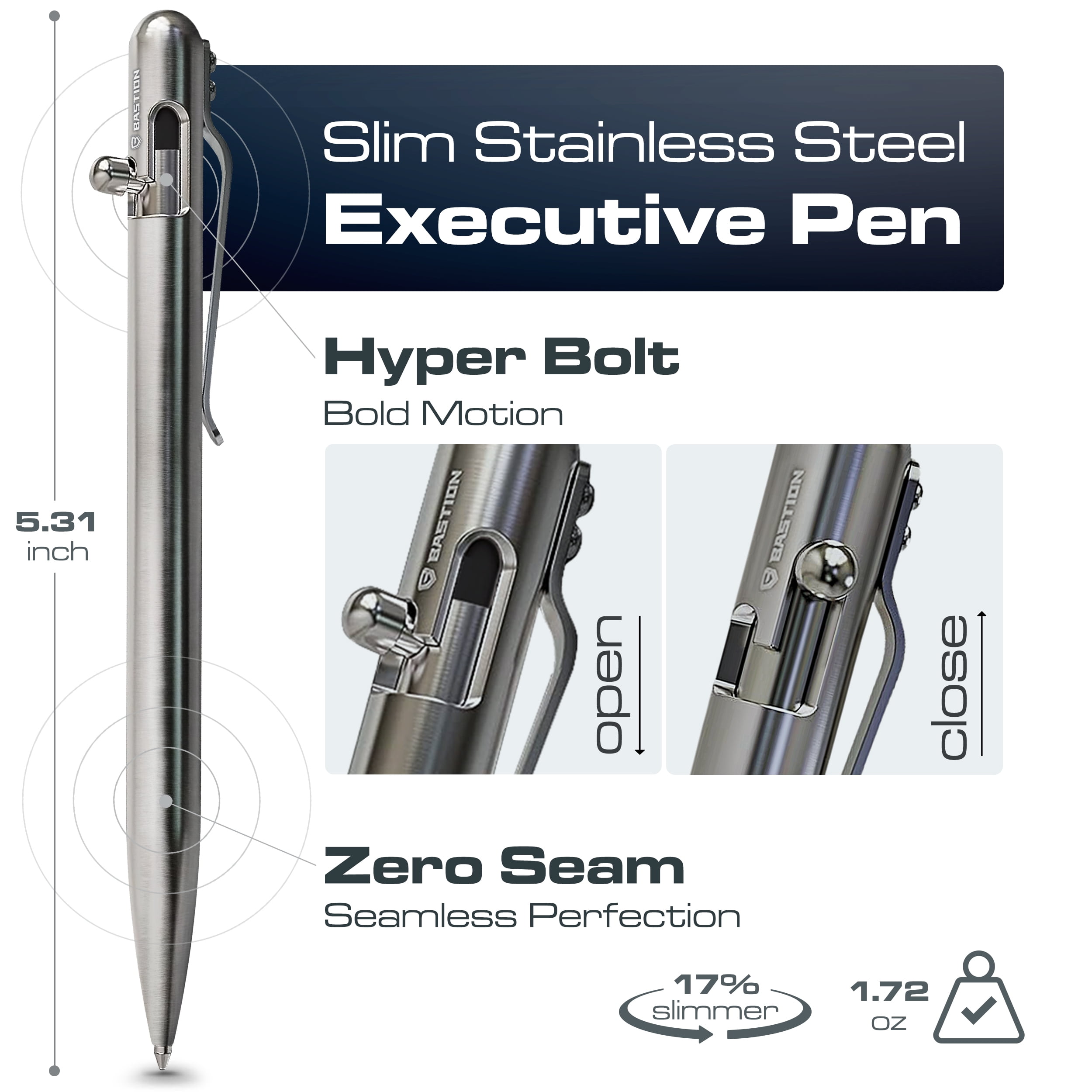 Bastion Stainless Steel Slim Bolt Action Pen, Ballpoint Refillable, 1 Count