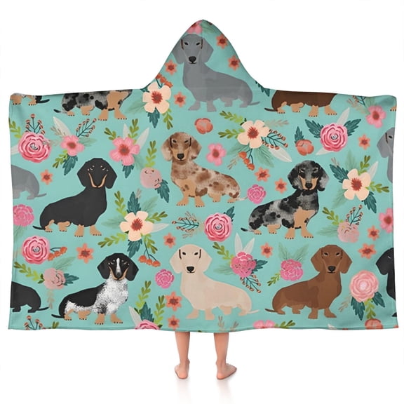 Dachshund and Flower Hooded Bath Towel,50"x30" for Ages 3 To 12 Kids, Quick Dry Lightweight Soft Microfiber Hood Beach Towel Cover Up for Kids