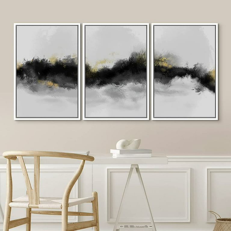 IDEA4WALL Framed Canvas Print Wall Art Set Black & White Watercolor Paint  Strokes Abstract Shapes Modern Art Decorative Landscape Rustic for Living