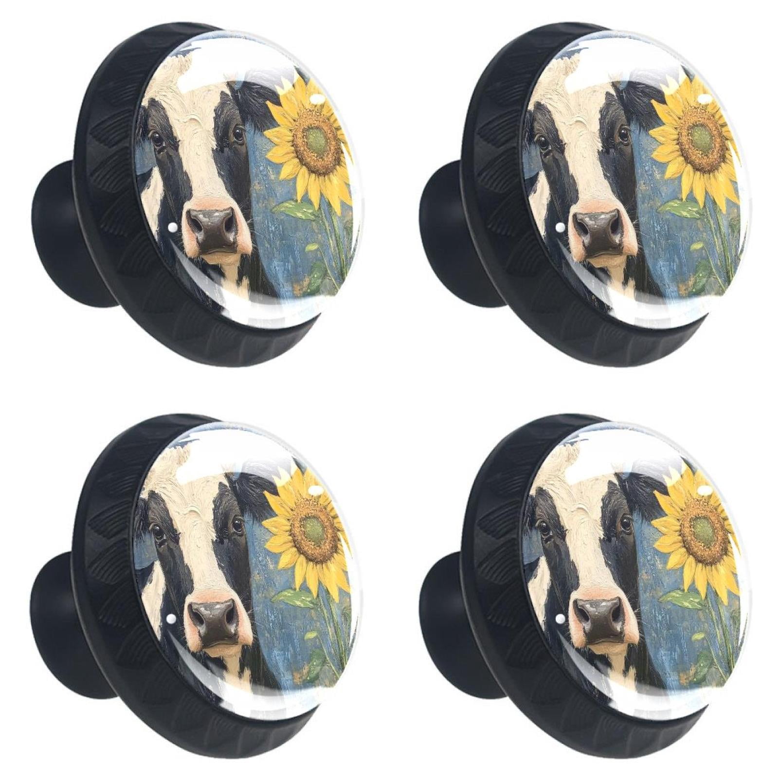 4 Pcs Cow and Sunflower Knobs for Kitchen Cabinet Cupboard Dresser Bookcase Drawer Pulls Handles Round Home Decor