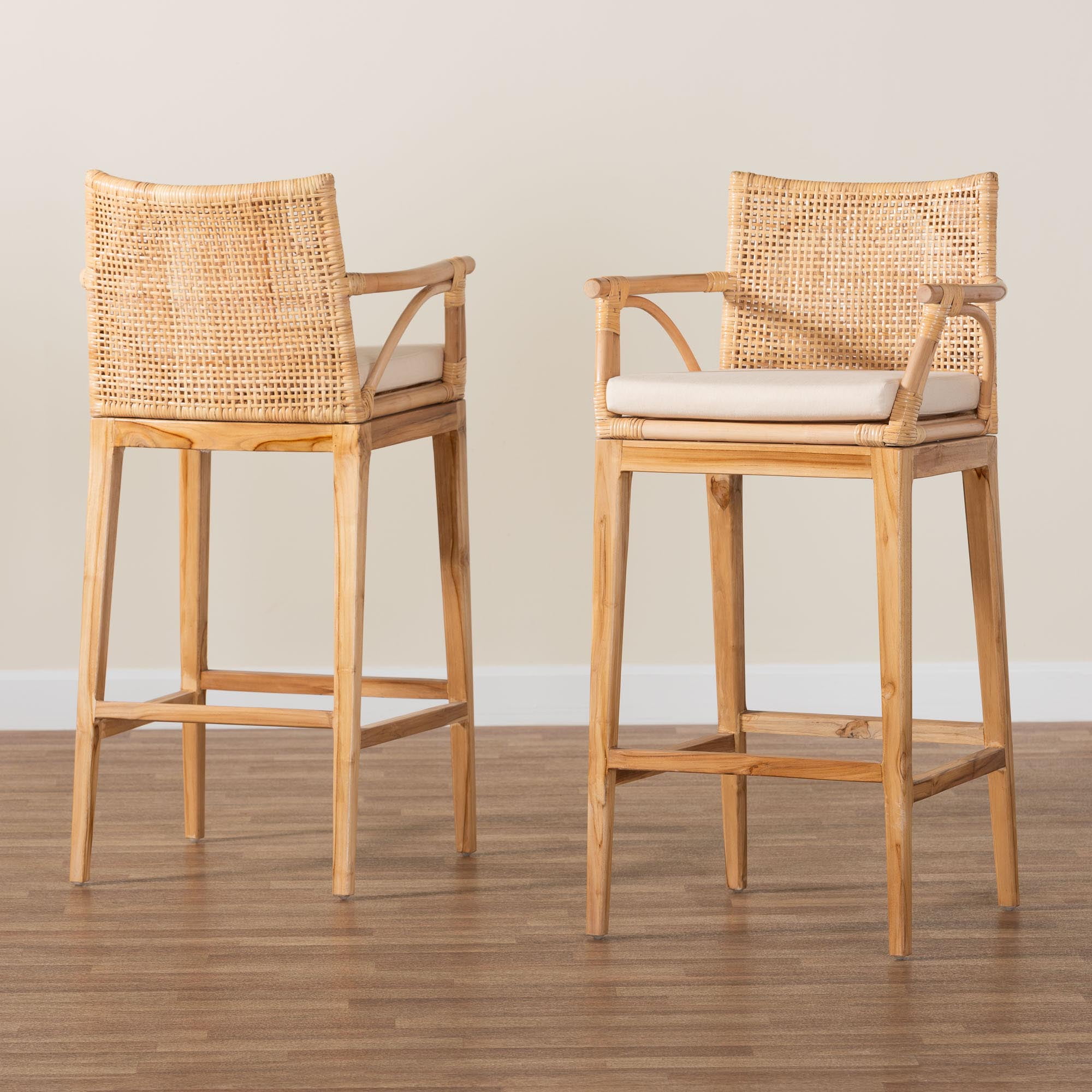 bali & pari Storsel Bohemian Natural Rattan and Teak Wood 2-Piece Bar Stool Set