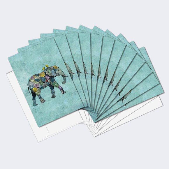 Tree-Free Greetings 12 Pack Boxed Notes, 100% Recycled Paper, Eco-Friendly Cards, Made in the USA, Elephant and Yellow Birds Design, 4”x6”, Cute Gift Artful Design