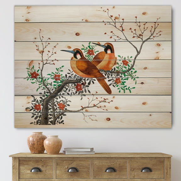 Designart 'A Flowering Tree Branch With Two Chinese Birds' Traditional Print on Natural Pine Wood