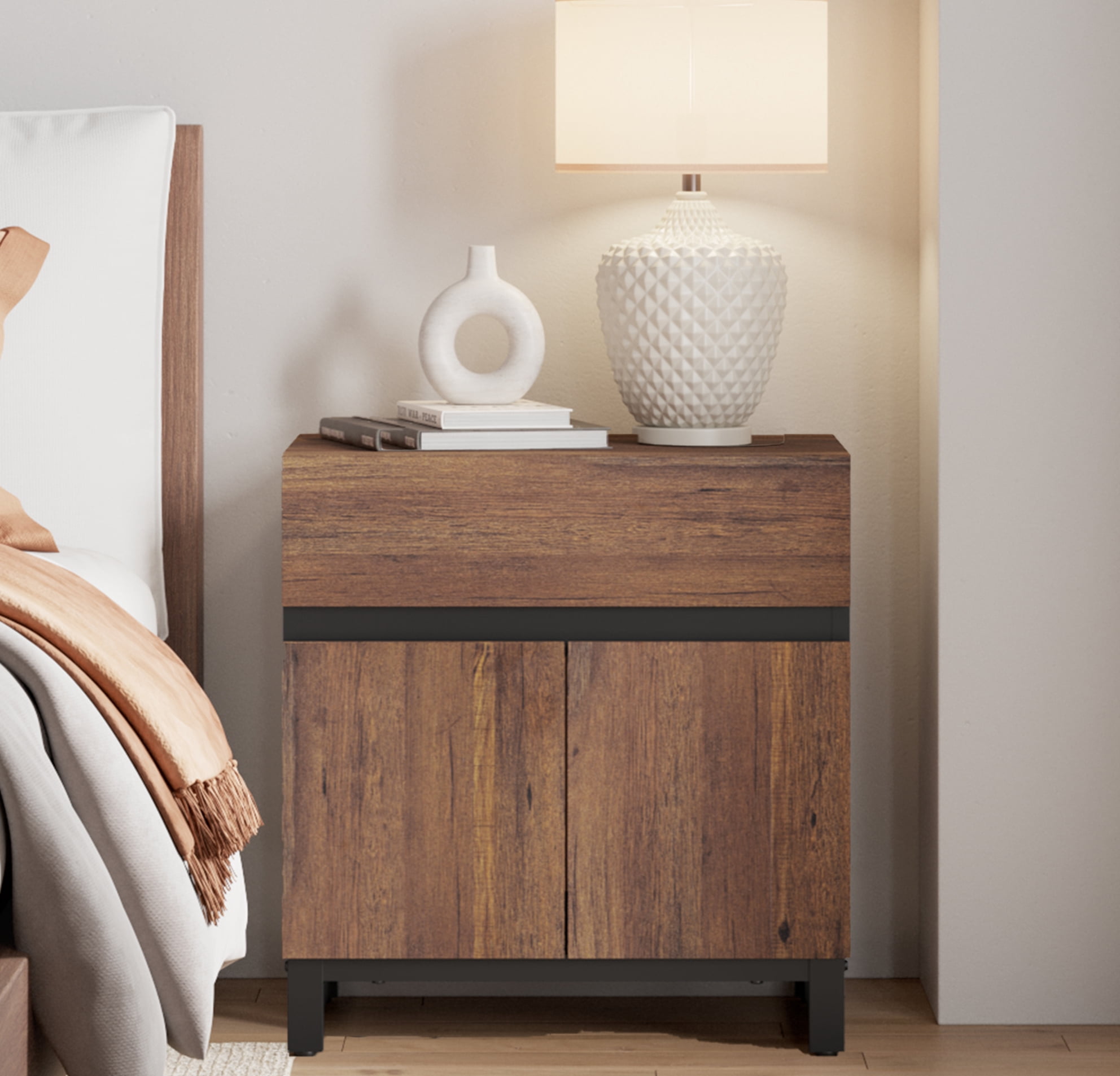 WAMPAT 2 Pack Nightstand with 1 Drawer & 1 Storage Cabinet, Modern Bedside Table with 2 Open Doors for Bedroom, Wood Rustic Side End Table for living Room.