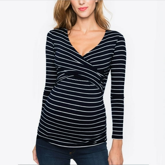 Edvintorg Maternity Clothes Women Fashion V Neck Stripe Print Long Sleeve Casual Nursing Clothes for Women Breastfeeding Pregnancy Clothes Blusas Lactancia