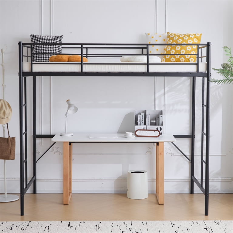 Zimtown Twin Loft Bed with Dual Ladders, Black Metal Frame photo 2