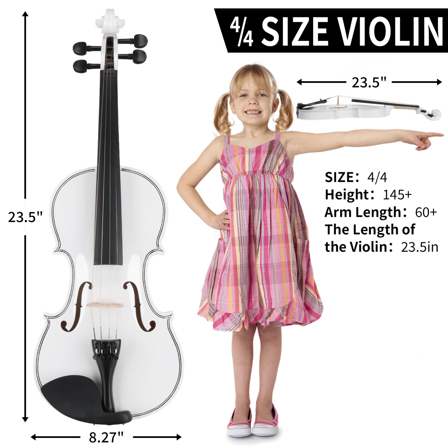Hassch Violin 4/4, Acoustic Fiddle for Beginners with Case, Bow, Rosin, Sordine, Extra Strings and Shoulder Rest, White