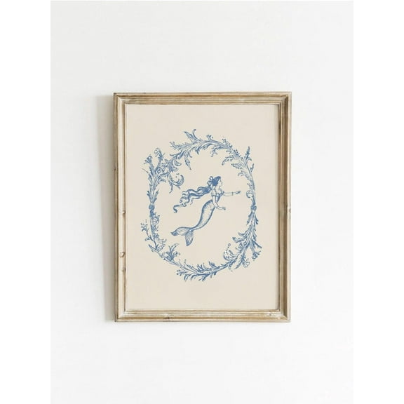Blue Coquette Mermaid, Vintage Nautical Gallery Wall Art, Coastal Aesthetic, Antique Wall Decor, Neutral Art, Mermaid - #0007Av Wall Art, Modern Wall Decor, 24x36 UNFRAMED