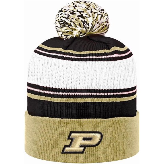 Brand New Collegiate Men's Purdue Striped Cuffed Knit Winter Pom Beanie Hat, 100% Cotton, Embroidered Logos, Official School Colors