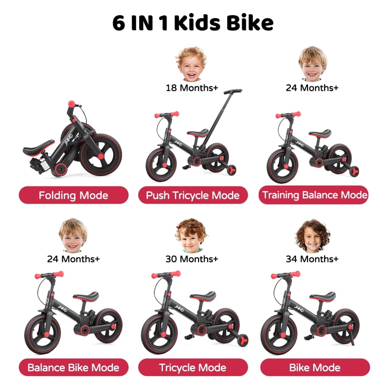 JMMD, Toddler Bike with Push Handle, 6 in 1 Foldable Tricycle