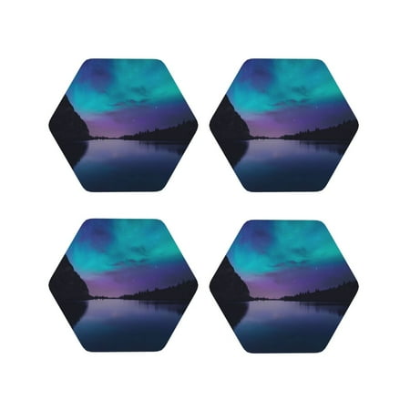 

Tebeau Night At Lake Aurora Print Set of 4 Leather Drink Coasters Round Cup Mat Pad for Home and Kitchen Use 4 -Hexagon