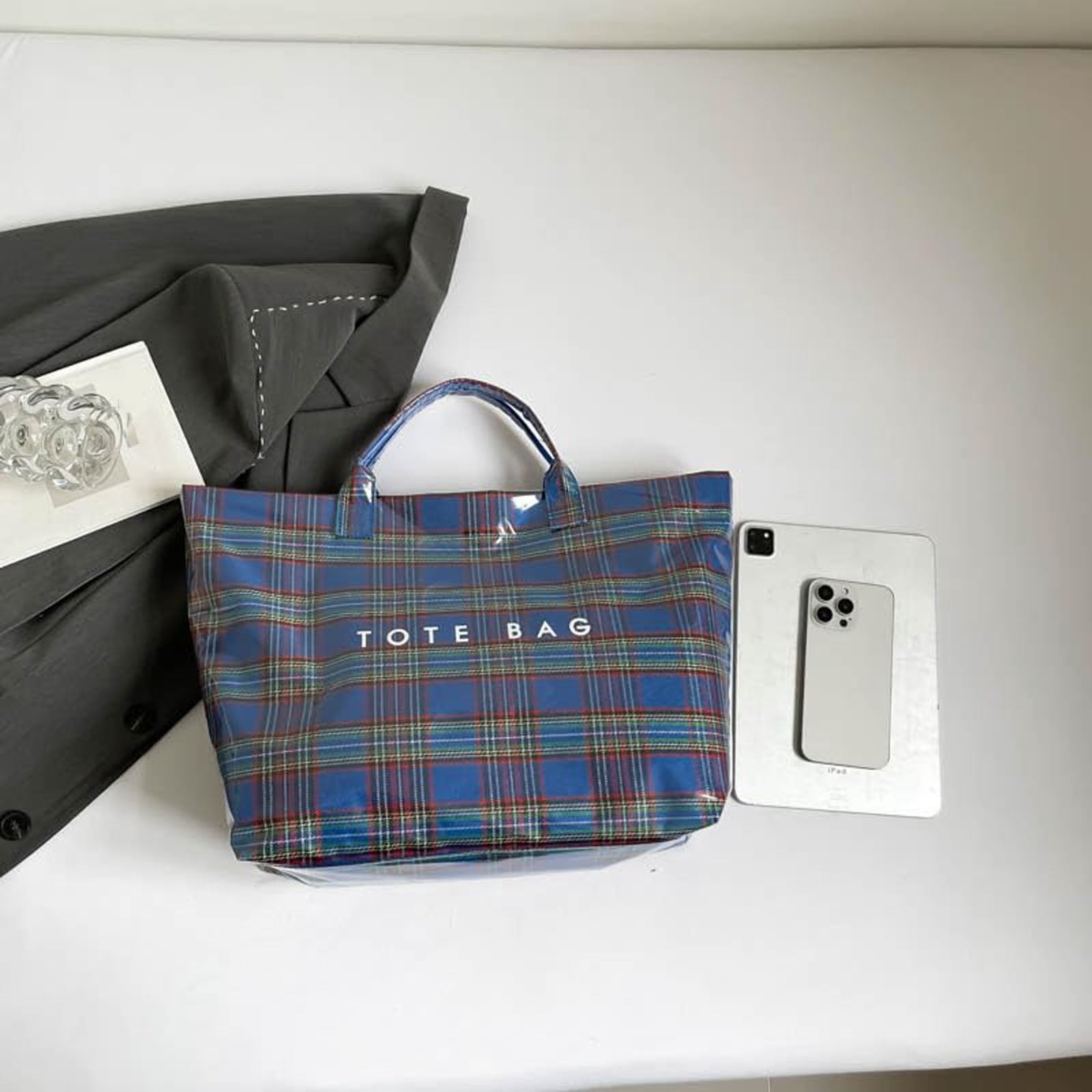 Comefolife Christmas Blue Plaid PVC Tote Bag for Women Vintage Christmas Buffalo Check Tote Bag Plastic Handbag