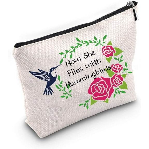 Now She Flies with Hummingbirds Makeup Bag Memorial Gift Remembrance Cosmetic Bags Gift Sympathy Gift for Her