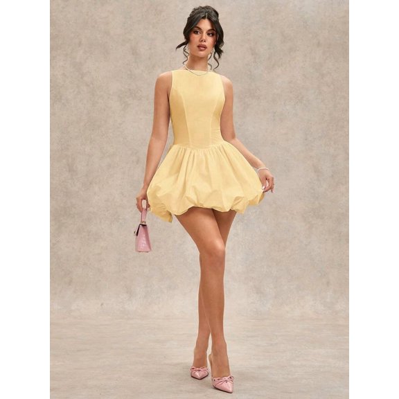 Yellow Sleeveless Fit & Flare Mini Dress With Bubble Skirt And Sweetheart Neckline