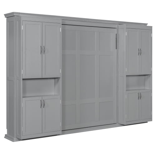 Full-Size Murphy Bed with 2 Sliding Cabinets and 12 Open Shelves, Hydraulic Hidden Wall Bed System, Space-Saving Design for Modern Homes, Gray
