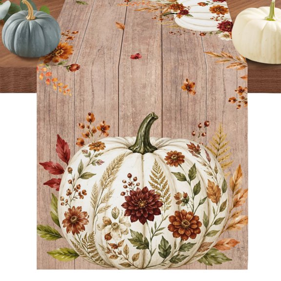 Pumpkins Fall Table Runner 108 Inches Long, Floral Weeping Thanksgiving Leaves Retro Wood Cotton Linen Table Runners Dresser Scarves, Fabric Tabletop Scarf Furniture Cover for Dinner Party 13"x108"