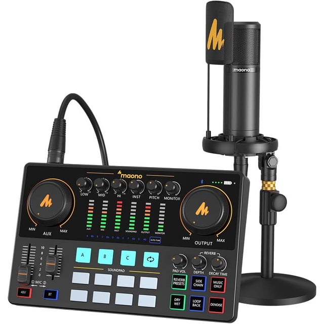 MAONO Mezcladora Interfaz de Audio con Micrófono Condensador XLR, Caster Podcast Studio Kit Todo en Uno para Grabación, Streaming, voz en off, Youtube, DJ, PC, Guitarra (AME2A)