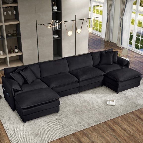 Modular U Shaped Sectional Sofa for Living Room - 4-Seater, Oversized Deep Seat, 2 Movable Ottomans, DIY Combinable Chenille Black Couch